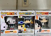 Front view of all three boxed Funko Pop figures: Shin #1283, Sabo #922, Videl #528