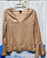 Front view of gold shimmer Halogen top showing V-neck and bell sleeves