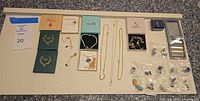 Overview of all jewelry pieces laid out with boxes and bagged earrings visible