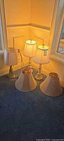 Group shot of three lamps and two additional shades on floor