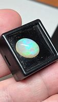 Loose oval cabochon opal in display box showcasing color play