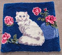 Full view of the hand-hooked square rug showing cat, roses and vase