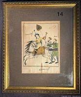 Overall view of framed watercolor showing subject, mat, frame and staining