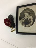 Framed Boy and Dog print and leather shoe pin cushion overview