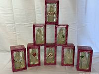 Group shot of eight boxed ornaments