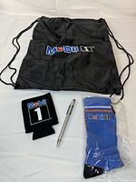 All four Mobil 1 items: drawstring bag, koozie, pen, socks