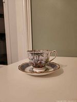 Teacup on saucer front view showing landscape motif, gold trim