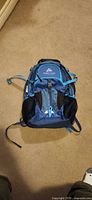 Front view of blue Ozark Trail backpack showing pockets, straps, and logo