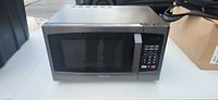 Front view of Toshiba stainless steel microwave oven