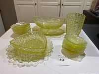 Group shot of all Vaseline glass pieces showing stacks and sizes