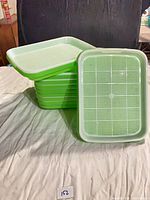Stack of ten light green plastic sprouting trays, one leaning to show perforated surface