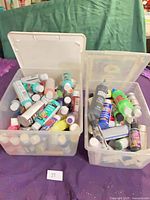 Two clear plastic totes filled with assorted acrylic paint bottles and pens