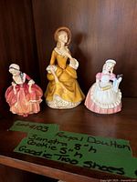 All three Royal Doulton figurines on shelf with handwritten note showing names and heights