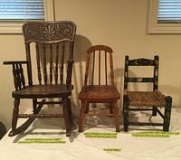 All three vintage child chairs side by side for scale and style comparison