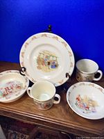 Full set showing plate, two mugs, two bowls