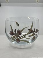 front view of clear glass bowl showing purple flower decal
