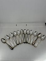 Front view of 12 teaspoons fanned out, showing overall design and finish