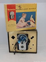 Front view of camera mounted in original Starflash Outfit box