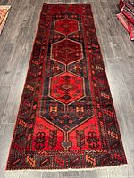 Full view of Persian Hamadan runner rug showing entire design