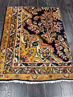 Full view of rug showing entire design, borders and fringe