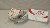 Front view of Brian's catcher and blocker showing red star B graphics and overall wear