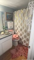 Bathroom view showing shower curtain, coral towels, rugs, crochet hanger and trays