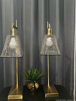 Both polished brass lamps side by side showing full height and crackle glass shades
