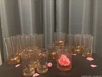 Group view of all blush pink swirl glasses on table