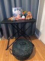 Group shot of four TY Beanies, rock painting kit, and woven basket