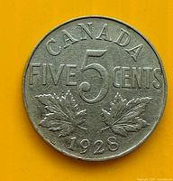 Reverse: CANADA FIVE CENTS 1928 with maple leaves