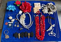 Overall layout of all jewelry pieces on blue background