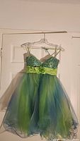 Front view of green sequined bodice, ribbon waist and ombré tulle skirt