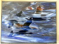 Close view of glass artwork showing duck silhouettes and colour details