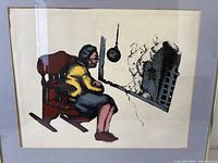 Close view of serigraph showing woman, wrecking ball and damaged wall