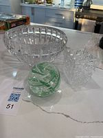 Group shot of Mikasa bowl, cube candle holder, green swirl paperweight