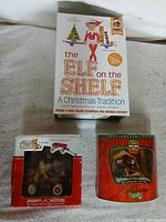 Elf on the Shelf boxed set, Cherished Teddies ornament, holiday ornament tin