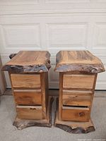 Front view of both end tables showing drawers and live edge details