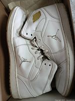 White Nike Air Jordan high-top shoes side view in box