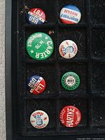 Tray showing all eight pinbacks in grid