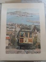 Cable car print showing bay view, signed Don Davey 69