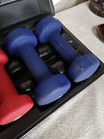 Two blue neoprene dumbbells in molded tray