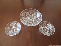 Top view of three clear pressed glass bowls showing pattern