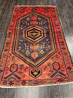 Full view of rug on dark floor showing complete pattern and fringes