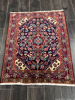Full view of Hamadan rug showing overall design and condition