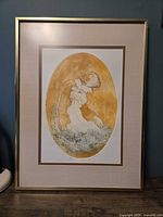 Full view of framed oval etching showing mother and child image
