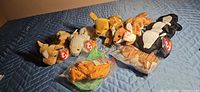 Group shot of all plush animals and two sealed Teenie Beanies on blue quilt