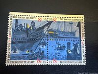 Close-up of plate block showing artwork, denomination, perforations, selvage text