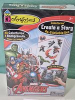 Front of sealed Colorforms Marvel Avengers Create A Story set showing contents summary (48 Colorforms, 4 backgrounds).