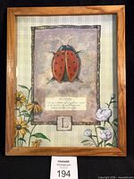 Frontal view of framed ladybug botanical print showing full artwork and frame
