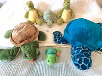 Group shot of all six plush turtles on bedspread